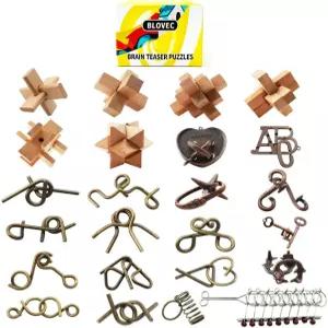 Blovec 24PCS 두뇌 티저 퍼즐 마음 고대 나무와 금속 3D 해제 IQ 교육 박스 게임