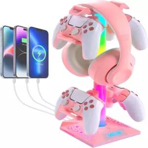 VCOM RGB 게이밍 헤드폰 스탠드 USB 포트 2개 핑크 헤드셋 10가지 라이트 모드 및 미끄럼 방지 고무 PC