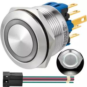 25mm 순간 빅 푸시 버튼 스위치 스테인리스 스틸 304 12V DC/AC LED 엔젤 링 와이어 장착 구멍 1인치(흰색
