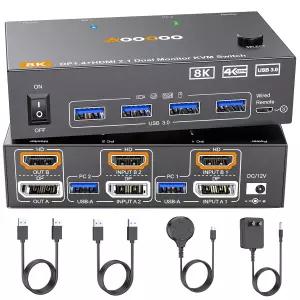 HDMI DP2.1 KVM 스위치 2 모니터 2대 8K@60Hz/4K@144Hz PC 공유 키보드 마우스 USB3.0 케이블 2개 유선