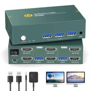 듀얼 모니터 HDMI KVM 스위치 2 컴퓨터 USB3.0 4K@60Hz 포트 스위처 PC/노트북 공유 화면 원격 제어 EDID