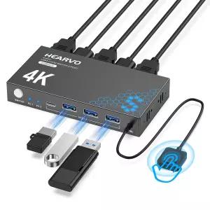 Hearvo USB 3.0 HDMI KVM 스위치 1 모니터 2대 키보드 마우스 하드 드라이브 프린터를 공유하는 2대의