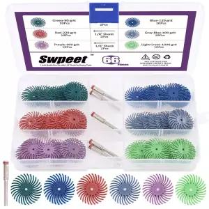 Swpeet 66Pcs 1인치 6 혼합 그릿 80/120/220/400/600/1000 방사형 브리스틀 디스크 연마 브러시 갭 패드
