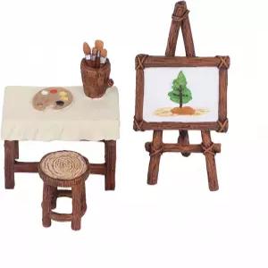 Avtytsda 3Pcs 요정 정원 액세서리 미니어처 장식 마이크로 조경 이젤 테이블 의자 가구 세트 DIY 테라리움