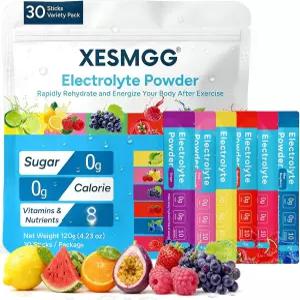 XESMGG 30 스틱 전해질 분말 패킷 6 가지 맛 무설탕 수분 일일 저나트륨 칼로리 0