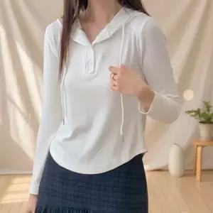 [옷자락]여성 긴팔 후드티 잔골지 버튼 데일리 티셔츠