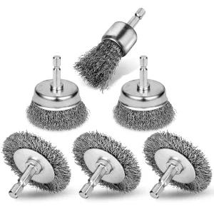 6PCS 프로페셔널 와이어 휠 브러시 세트 1/4인치 육각 생크 드릴용 카본 스틸 컵 녹 제거 부식 및 스크럽