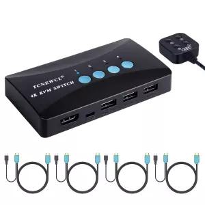 TCNewCL KVM 스위치 4포트 HDMI 스위처 4KX2K@30Hz 컴퓨터용 HD 모니터 1대와 USB 장치 키보드 마우스