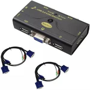 2포트 USB 2.0 VGA KVM 스위치 최대 2048x1536 해상도 PC 또는 모니터 전환용 허브 및 오디오 포함