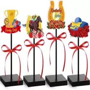 4pcs 더비 장식 파티 용품 테이블 센터 양면 나무 경마 층층이 쌓인 트레이 말 테마 축제 생일