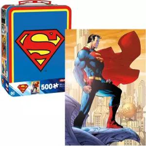 재미있는 상자가 있는 아쿠아리우스 슈퍼맨 레트로 500pc 퍼즐 - 플라스틱 손잡이와 엠보싱 전면 커버가