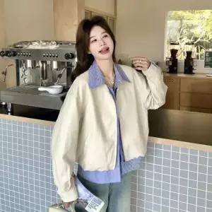 세군다 여사친 가죽 자켓 스트라이프 레이어드룩 코트 칼라 숏 DOS1