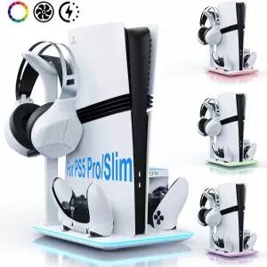 헤드셋 홀더가 있는 PS5 슬림 및 플레이스테이션 5 프로 콘솔용 APTGAMETM 냉각 듀얼 컨트롤러 충전 7 RGB