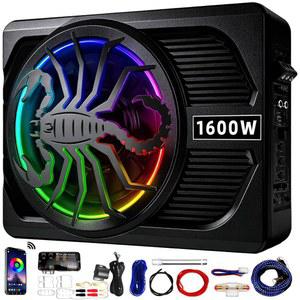 SCBPAUD 1600W 업그레이드된 10인치 초슬림 액티브 언더시트 카 서브우퍼 내장 앰프 및 LED 조명 왜곡 없는 베이스 로우 패스 필터 게인 부스트