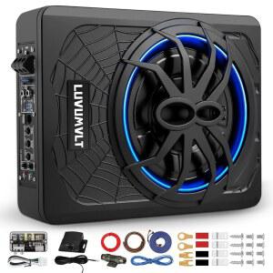 LUVUMVLT 1200W 10인치 카 서브우퍼 슬림 언더 시트 파워 및 앰프 패키지 고/저레벨 입력 카/트럭 오디오 서브 내장 콤보 블루 LED 조명 포함