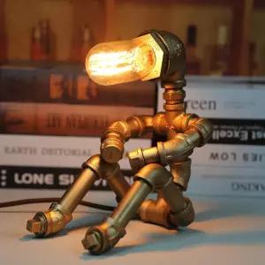 번도르 스팀펑크 테이블 램프 디머블 에디슨 라이트 인더스트 레트로 데스크 유니크 파이프 로봇 조명 철제