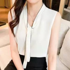 배색 타이 민소매 블라우스 경량 하객룩 데이트룩