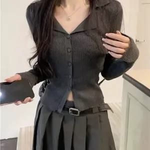 심플한 카라 골지 가디건 여성 슬림핏 니트
