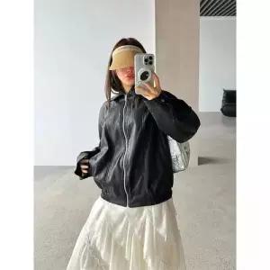 빈티지 캐주얼 봄 여자가죽자켓 트렌드 자켓 미니멀 이른 칼라 가죽 ible1