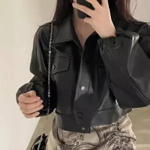 봄 캐주얼 여자가죽자켓 칼라 투포켓 상의 가죽 코트 ible1