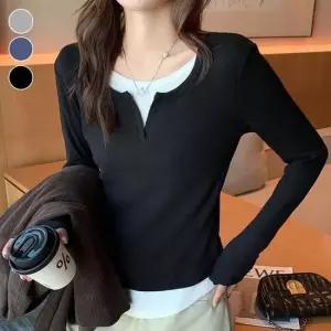 레이어드 골지 긴팔 티셔츠