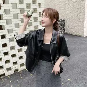 여성 빈티지 가을 자켓 재킷 슬림핏 체크 코트 가죽 PU 칼라 DUCHI3