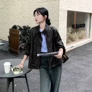 검정 빈티지 가을 여사친 재킷 모터복 쇼트 PU 가죽 점퍼 코트 하이넥 DUCHI3