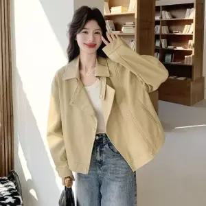 여사친 노랑 빈티지 가죽 자켓 PU 코트 스위트 쇼트 칼라 재킷 DUCHI1