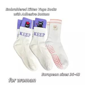 유럽 ？？사이즈 36-43 도트무늬 고무 밑창이 있는 자수 새끼 고양이 프린트 요가 양말 1켤레. 미끄럼 방지