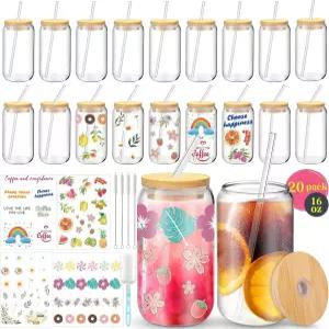 뚜껑과 빨대가 포함된 BGracey 16온스 20팩 유리컵 DIY 스티커 재사용 가능한 텀블러 맥주 캔 음료 대나무