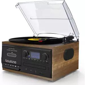 보이톤 BT32W 블루투스 클래식 레코드 플레이어 턴테이블 올인원 책장 시스템 AM/FM 라디오 CD/카세트