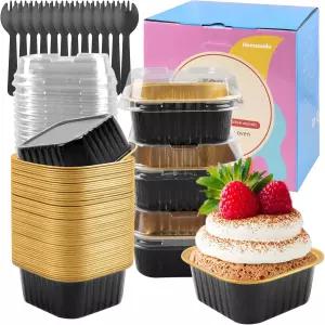 뚜껑이 있는 60pcs 미니 케이크 팬 로프 - 치즈케이크와 케이크(블랙)를 위한 일회용 5온스 정사각형