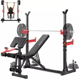 YOLEO 980LBS 조절 가능한 웨이트 벤치 세트 4744인치 와이드 그립 스쿼트 랙이 있는 운동 다리 확장
