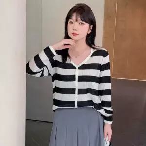 후니오 니트 오프숄더 봄가을 긴팔 브이넥 여성브이넥가디건 스트라이프 빅사이즈 펀칭 카디건 슬림 UNO3