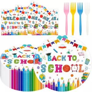 75PCS 백 투 스쿨 종이 접시 및 냅킨 학교 테마 식기 세트에 7인치 포크 파티용 일회용 장식 용품 서빙 25
