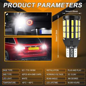 카투르 2개  T15 912 921 LED 후진등 전구 6000K 화이트 W16W 906 904 후방 백업 라이트 12V DC