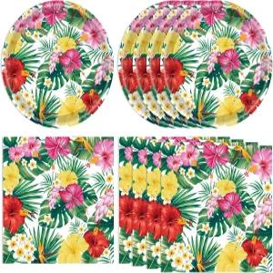 40PCS 하와이안 루 파티 장식 알로하 트로피컬 팜 잎 식기류 하와이 일회용 접시 냅킨 생일 여름 를 위한