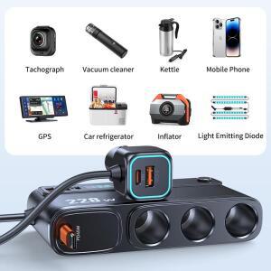 9in 1 시거잭 분배기 228W USB C 차량용 충전기 어댑터 QC3.0 PD45W 스코픽 케이블 LED 전압 액정 12V 24V