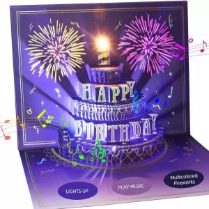 XTF205 생일 축하 카드 놀이 조명 음악 및 소리 케이크 3D 팝업 선물 봉투와 메모 태그가 된 여성 남성