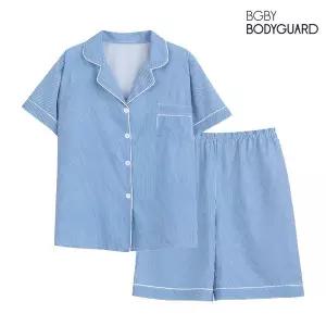 [보디가드] 여성 폴리 직물 5부 반팔 파자마 카라넥 잠옷 상하의 세트 BBWNC408
