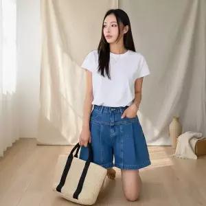 [하프클럽/]여성 자수 고무줄 핀턱 데님숏팬츠 바지 쇼츠 반바지