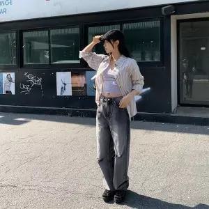 [하프클럽/]여성 디스트로이드 H라인 워싱 검정 청바지 팬츠