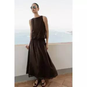 ZARA 자수 볼륨 미디 스커트 - 브라운 423901