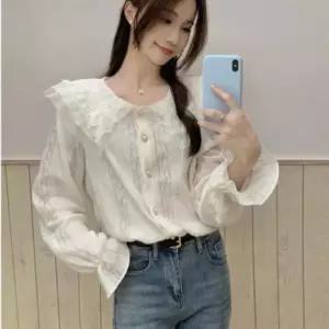[하프클럽/]여성용 카라 레이스 프릴 긴팔 셔츠 데이트 블라우스