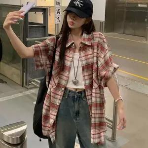 [하프클럽/]여성용 체크 패턴 반팔 셔츠 오버핏 캐주얼 데일리 블라우스