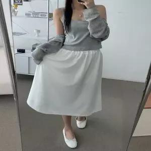 [하프클럽/]화이트 플레어 롱스커트 허리밴딩 A라인 캐주얼 편안한 데일리