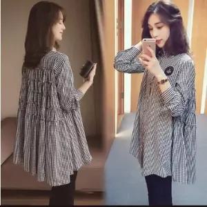 [하프클럽/]여성 체크 롱 캉캉 플레어 블라우스
