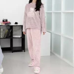 [하프클럽/]극세사 수면복 체크 베어핑크 실내복 덧신 포함 잠옷 설날 답례