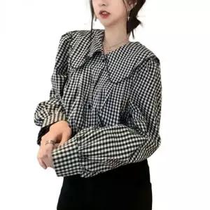 [하프클럽/]체크 패턴 여성용 데일리 빅카라 셔츠 블라우스