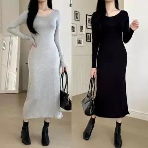 [하프클럽/]봄가을 긴팔 미시 원피스 무지 심플 데일리 드레스